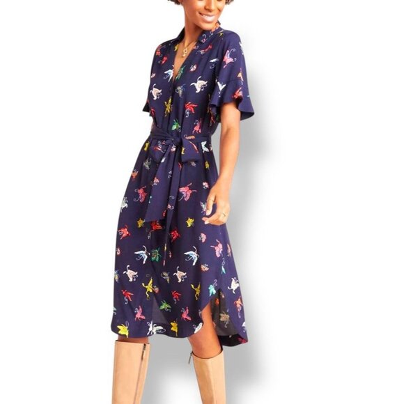 MAEVE ANTHROPOLOGIE Navy Flutterby Butterfly Print Midi Shirt Dress Sz Medium - Picture 1 of 14